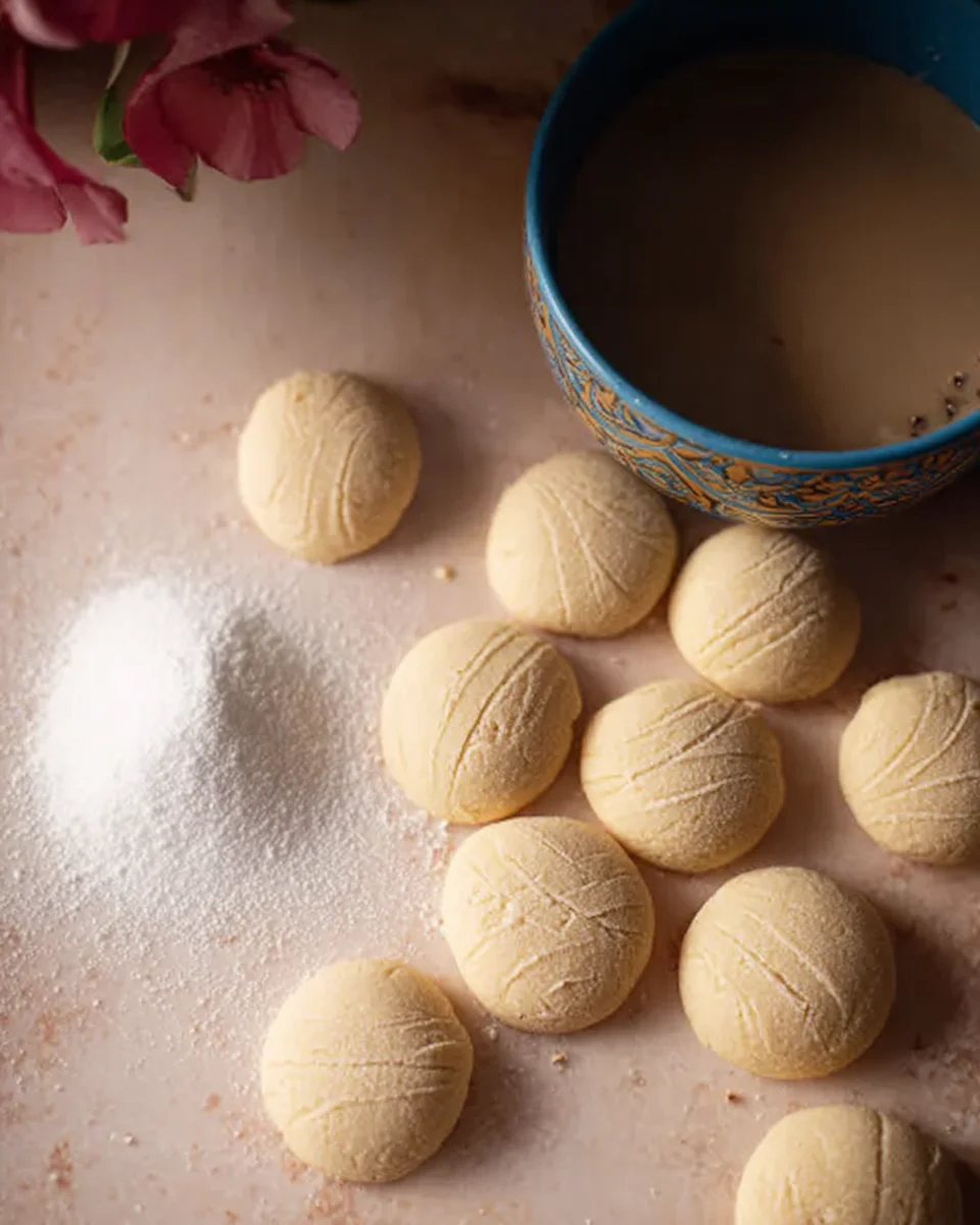 Sugar cookies on a table next to a cup of sugar.