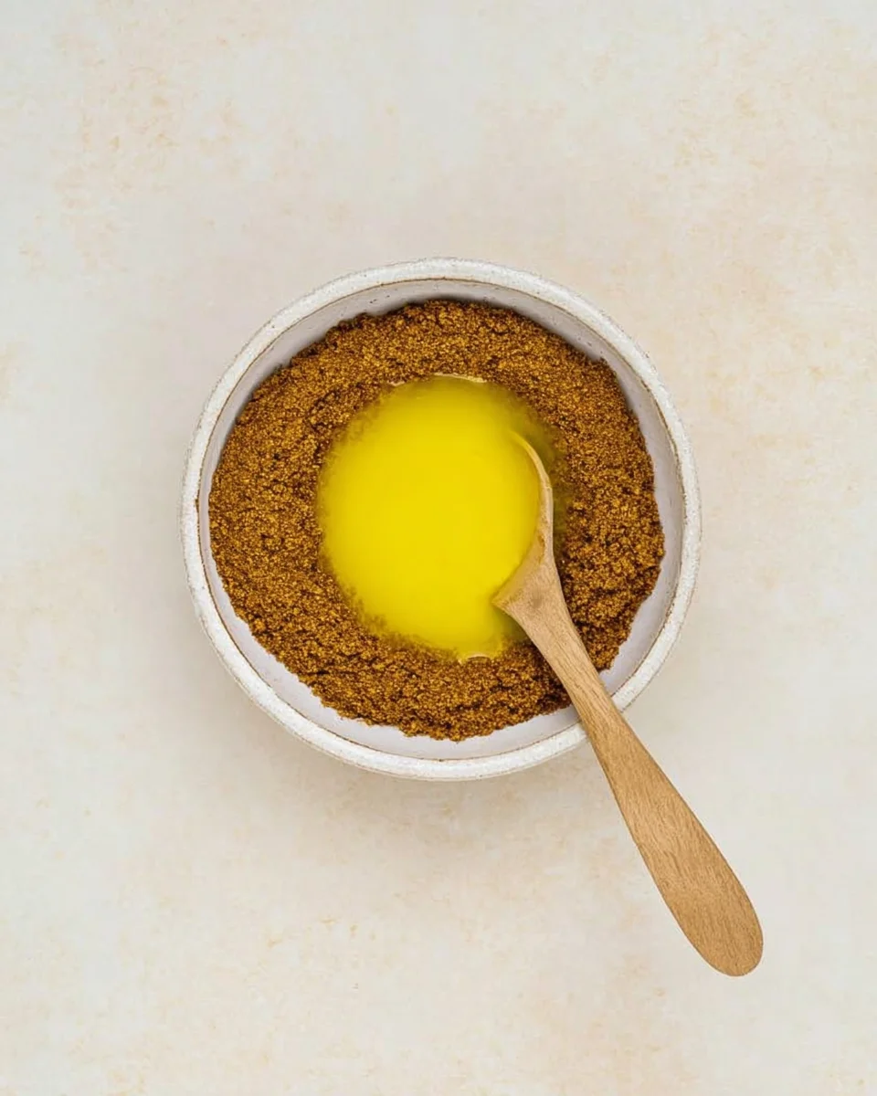 Add melted vegan butter to the Biscoff biscuit crumbs.