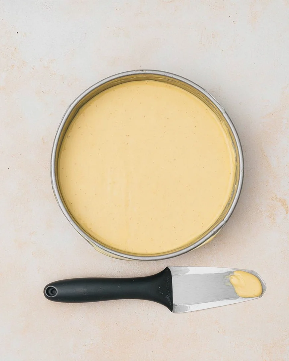 Spread the cheesecake filling evenly over the biscuit base.