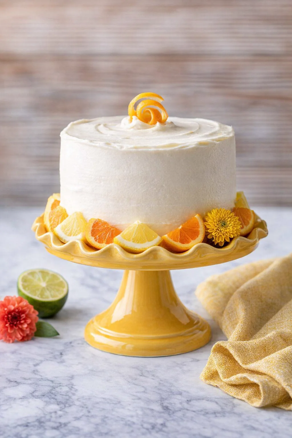 White frosted cake on a yellow pedestal with orange slices and citrus garnish.