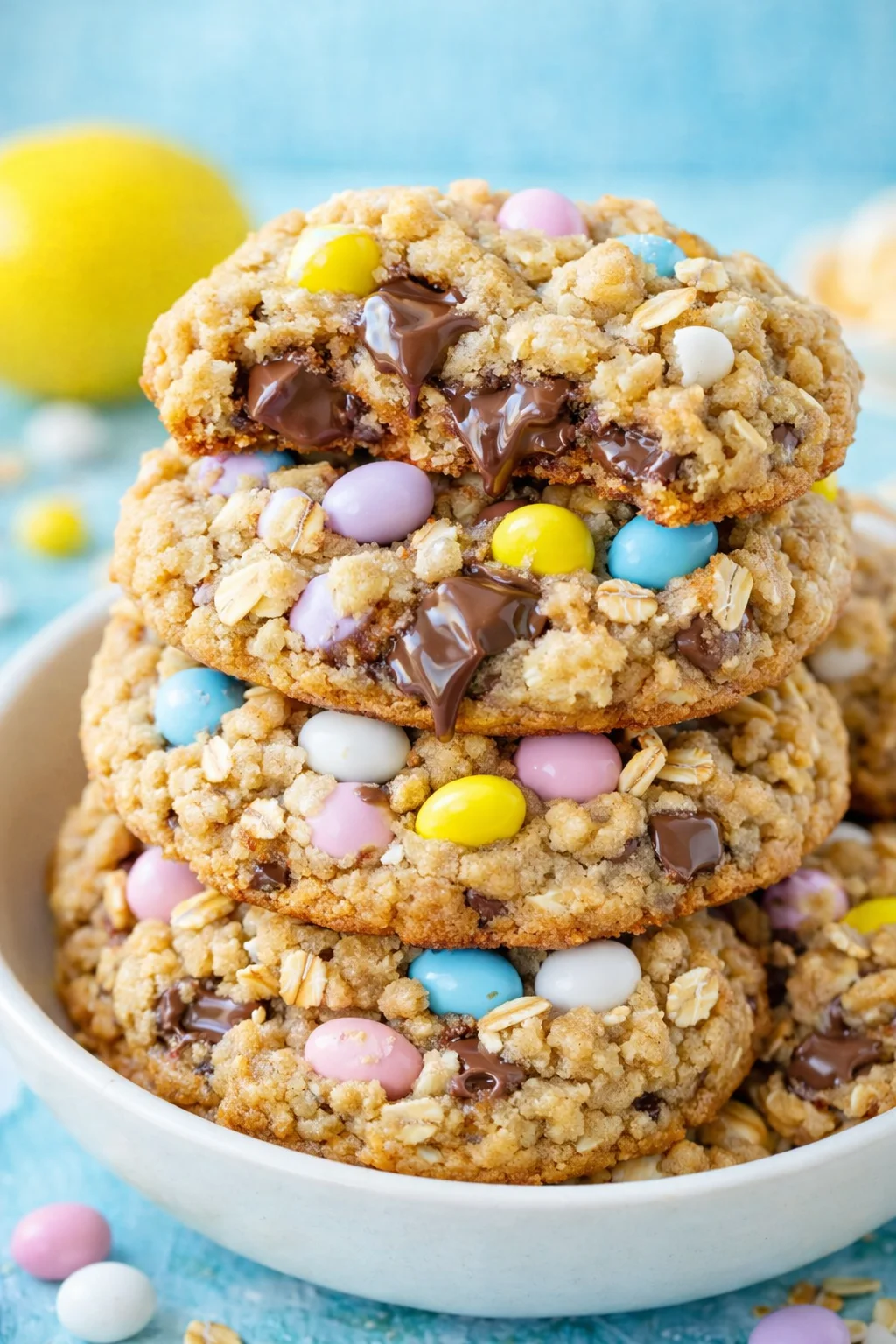 6c880571-44a1-47ce-af8b-2bed1f55423abr_ucqh80.webp Stack of chewy cookies studded with pastel candy-coated chocolates and chocolate chunks, in a light bowl.