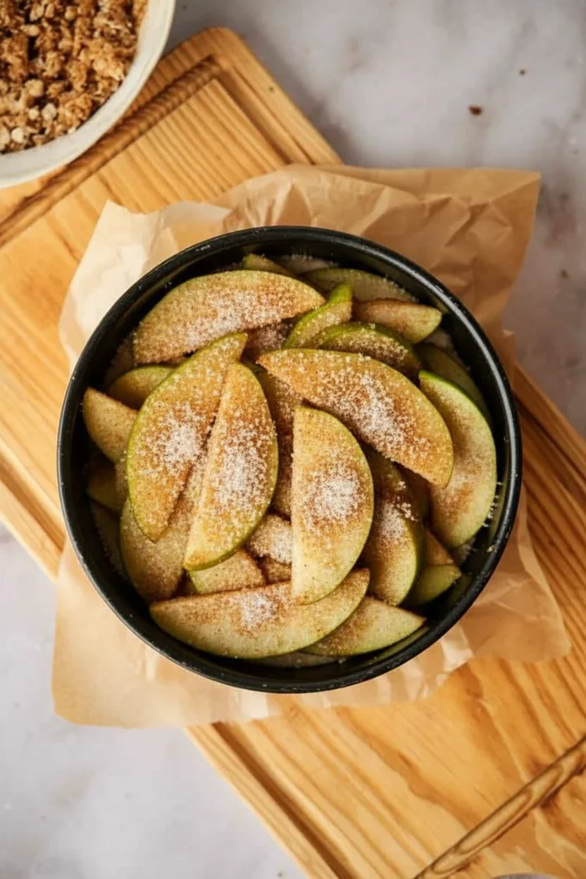 Sliced green pears coated in cinnamon sugar in a black bowl on a wooden cutting board
