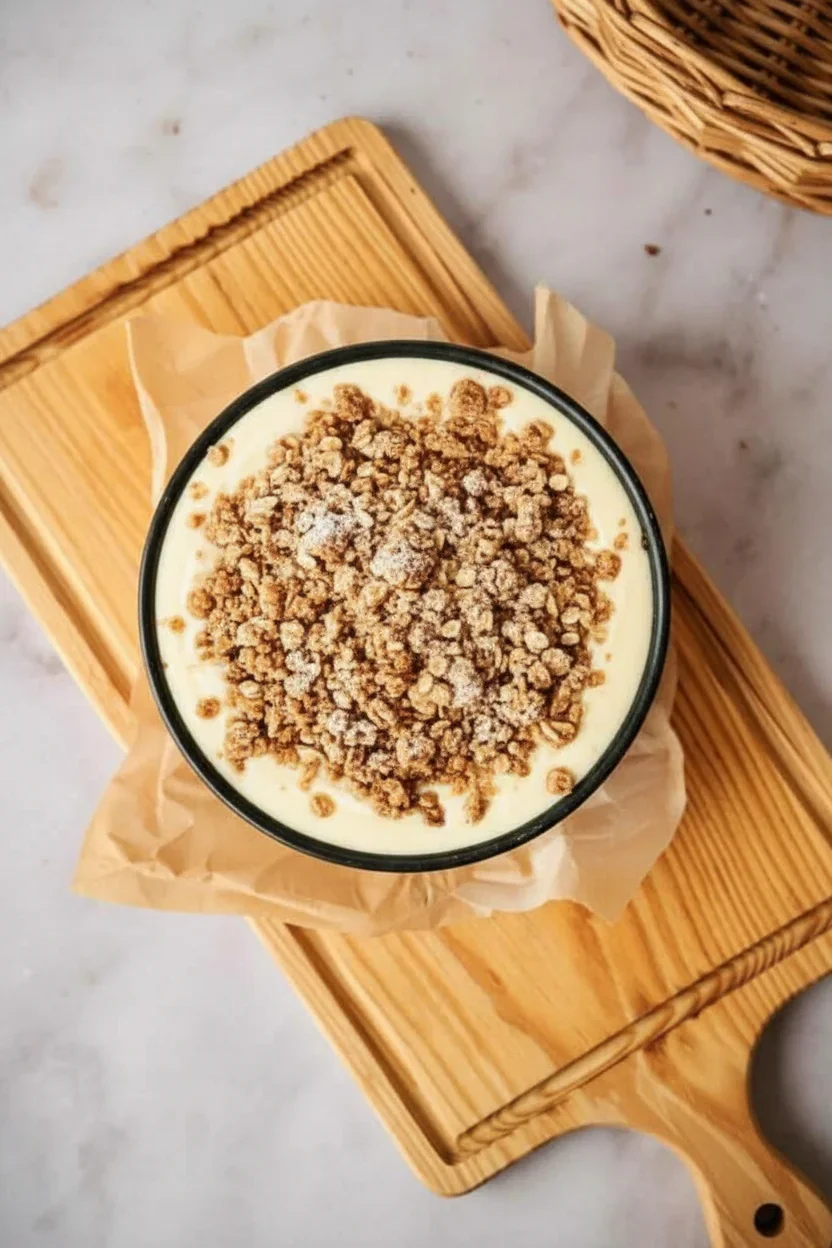 Creamy vanilla pudding topped with golden-brown crumbly streusel in a black bowl on a wooden board with parchment paper.