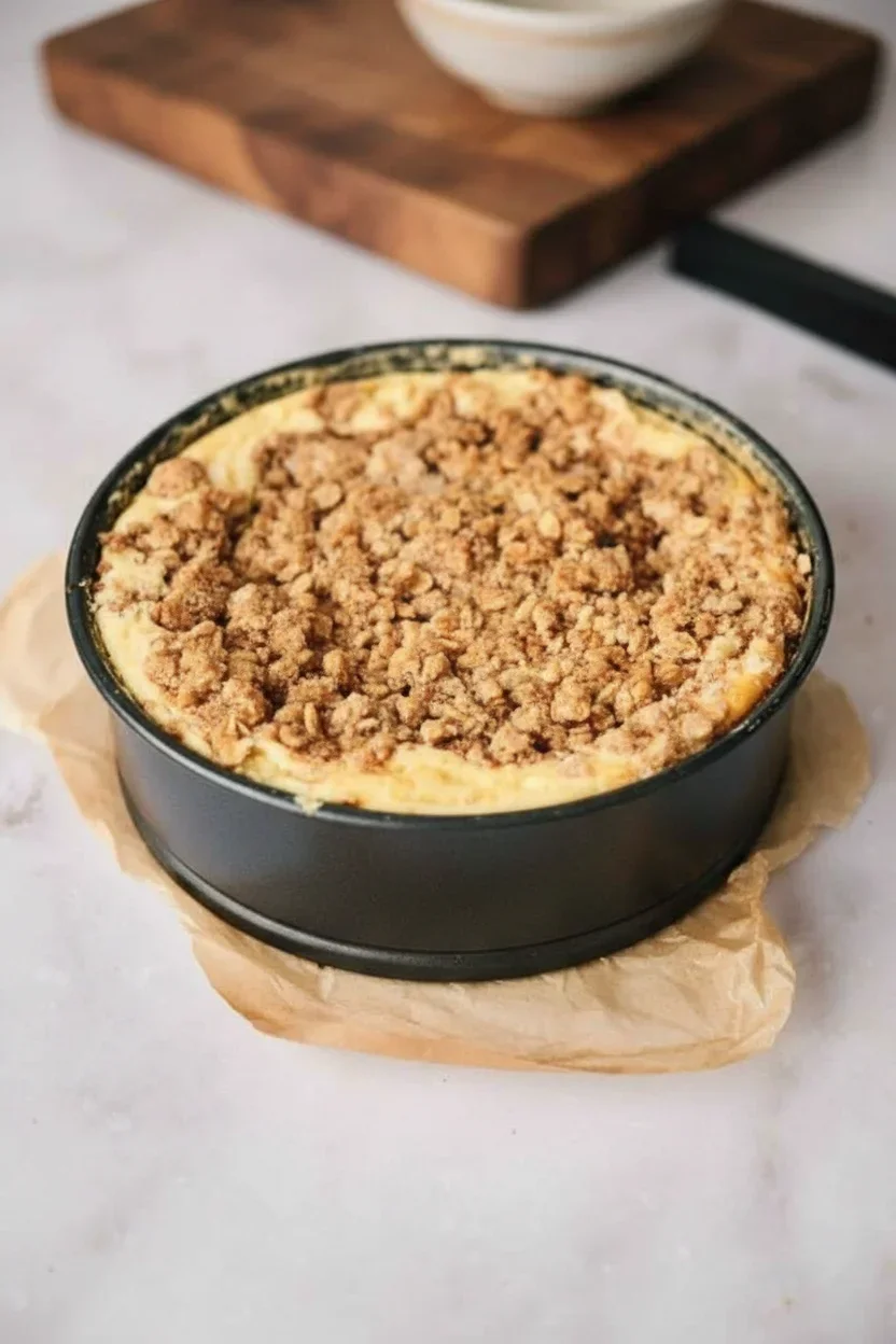 Baked dessert with crumbly topping and creamy base in round dish on parchment paper.