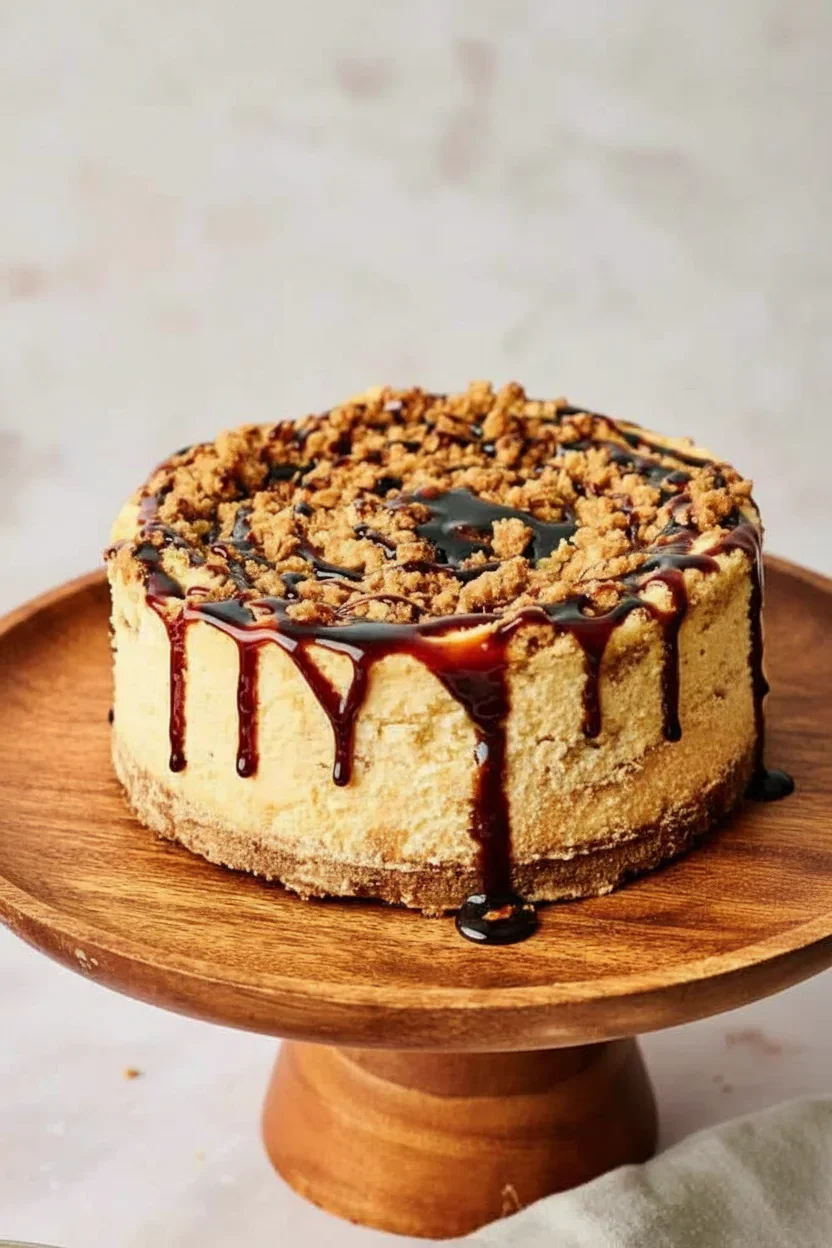 A round cheesecake topped with streusel crumbs and drizzled with dark chocolate syrup on a wooden platter.