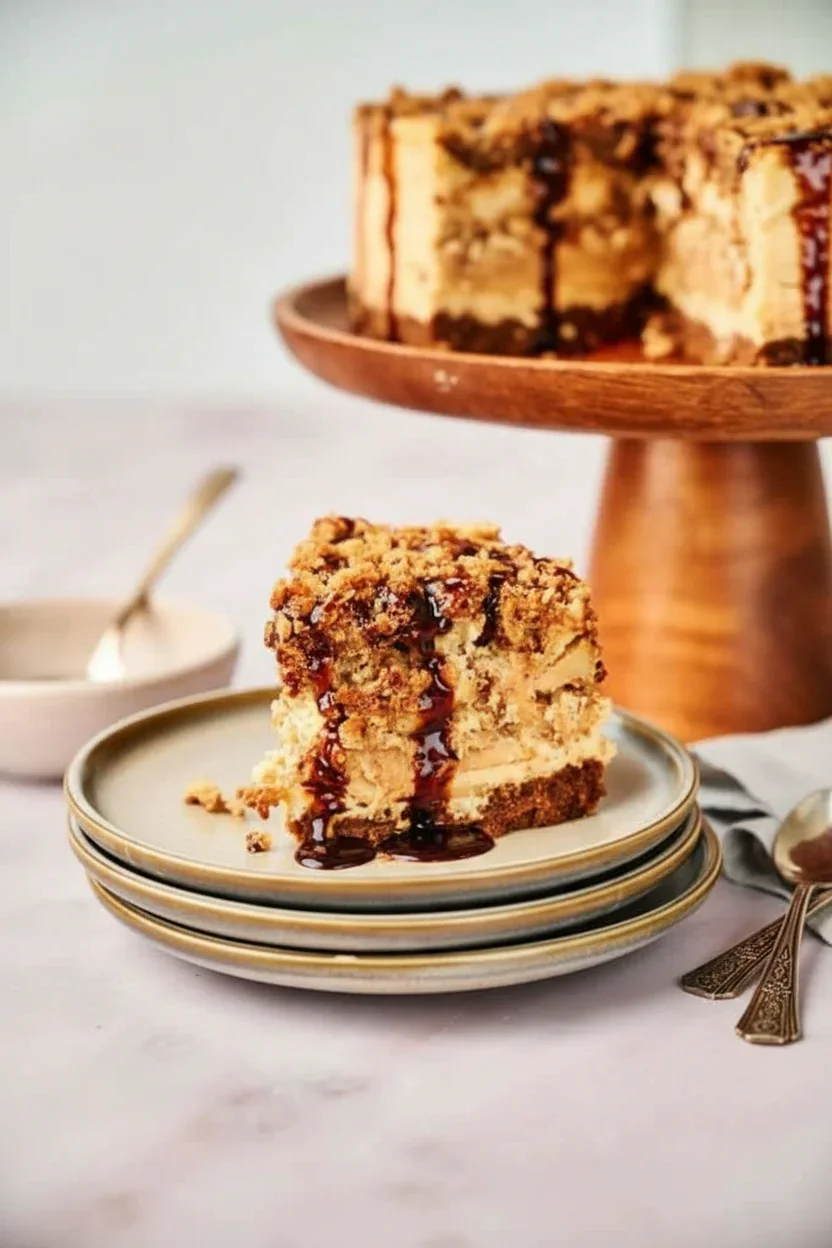 A slice of cheesecake with streusel topping and chocolate syrup on a small beige plate with a larger cake in the background.