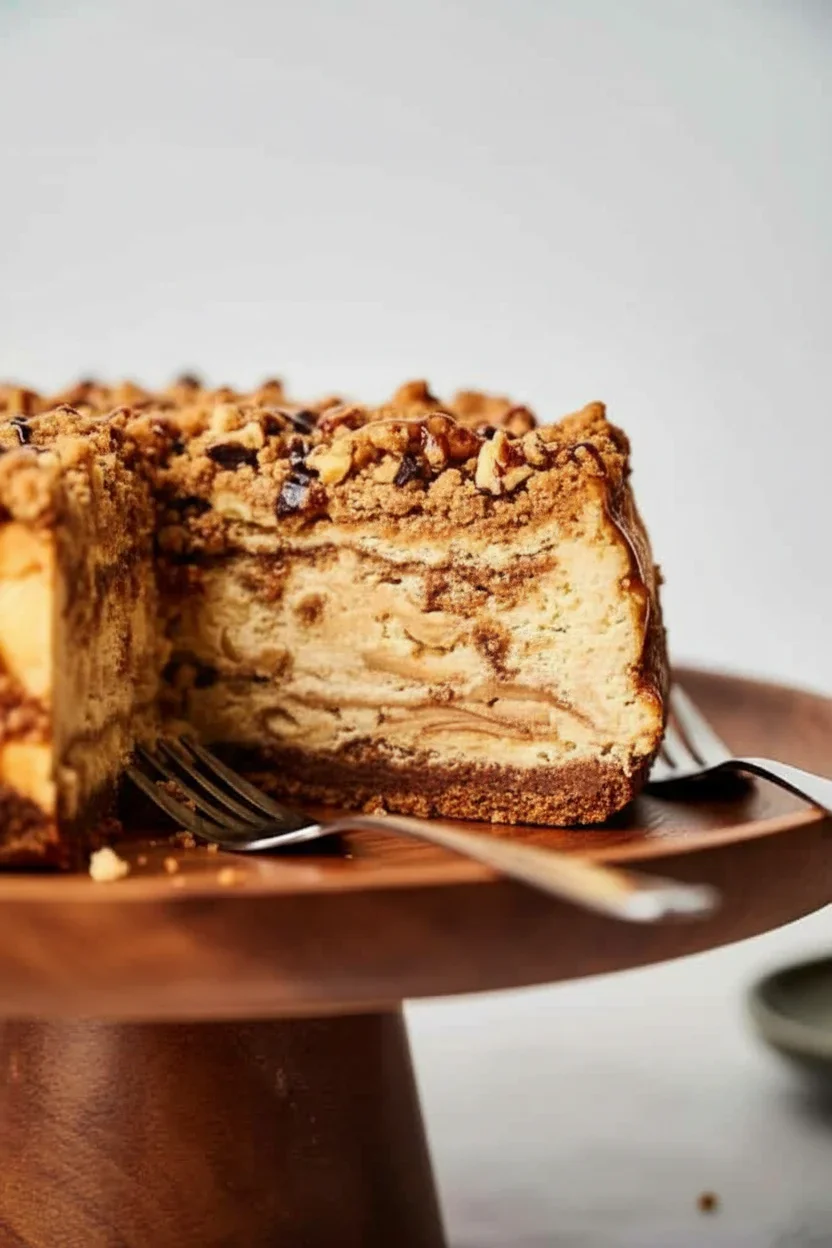 Close-up of a layered cheesecake with a crumbly topping on a wooden stand, showing detailed textures and layers