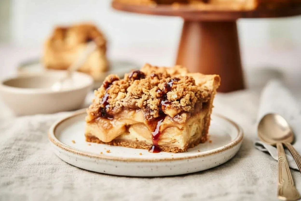 A slice of apple crumble pie with crumb topping and caramelized filling on a ceramic plate, warm lighting.