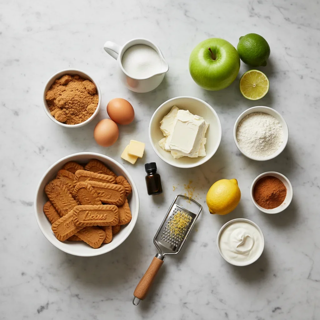 Assortment of baking ingredients including eggs, sugar, apples, biscuits, and spices arranged on a marble surface.