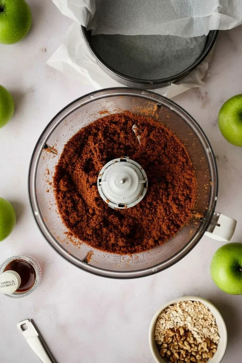 Top-down view of a food processor with ground brown spices or crumbs and ingredients around it.