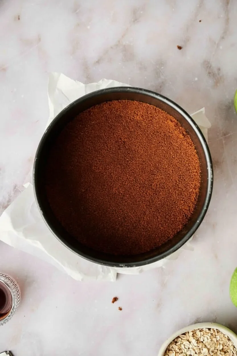 Round container filled with reddish-brown ground spice on white surface with oats and jar visible.