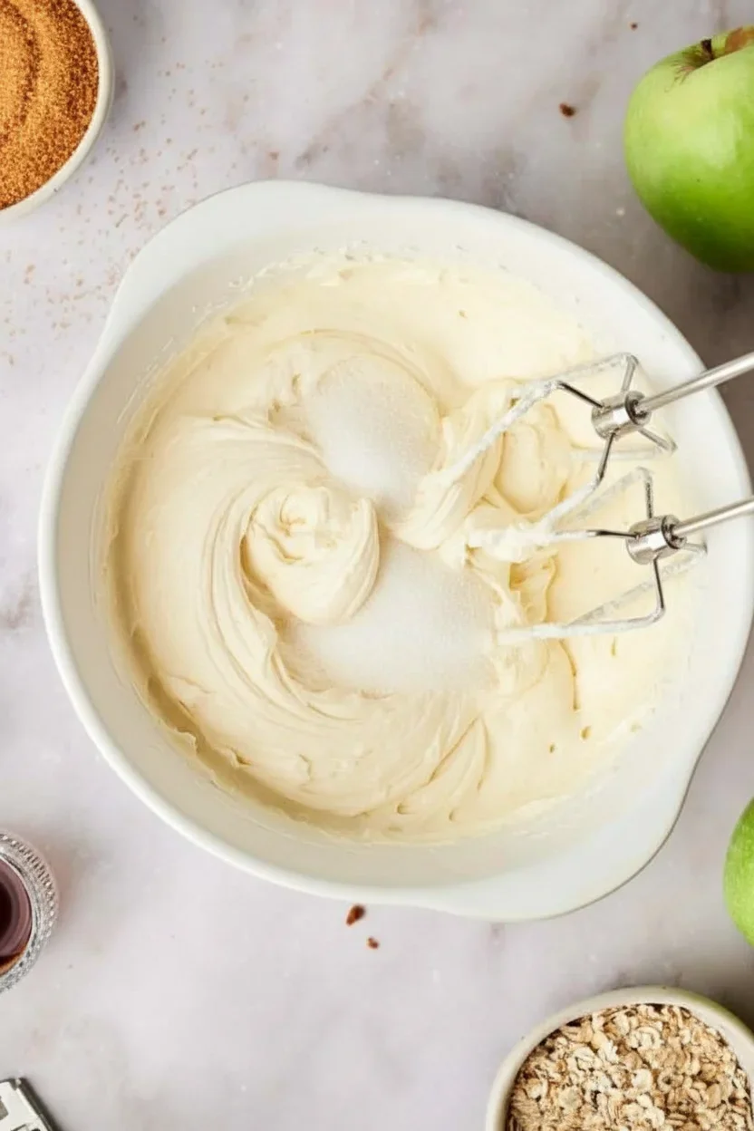 Creamy vanilla ice cream batter in a white bowl with an electric mixer, green apple, sugar, and oats nearby.