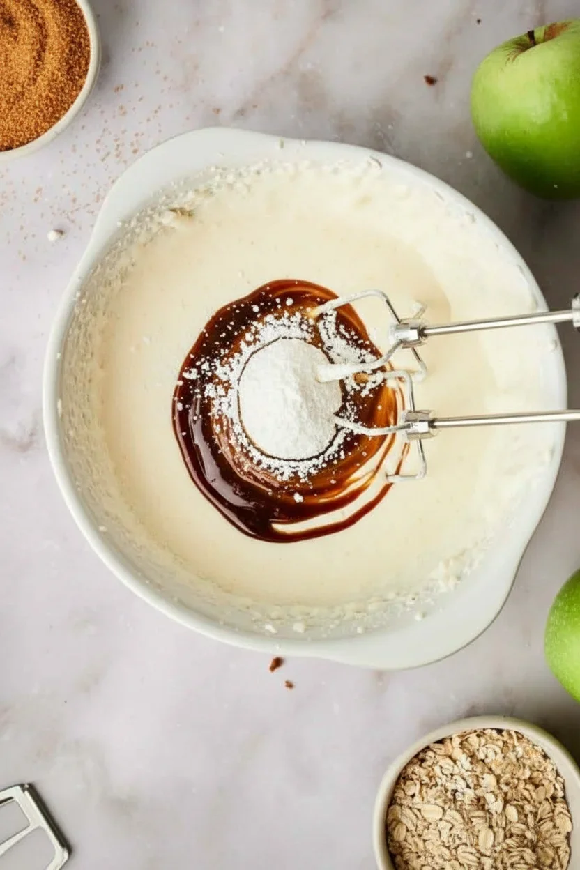 Baking mixture in a bowl with beaters, flour, syrup, and nearby ingredients for baking.
