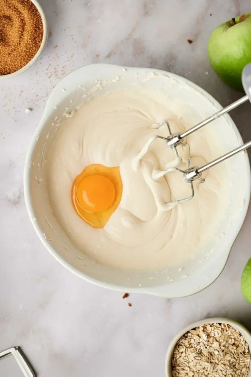 Bowl of batter with cracked egg and hand mixer, surrounded by sugar, apple, oats on marble countertop.