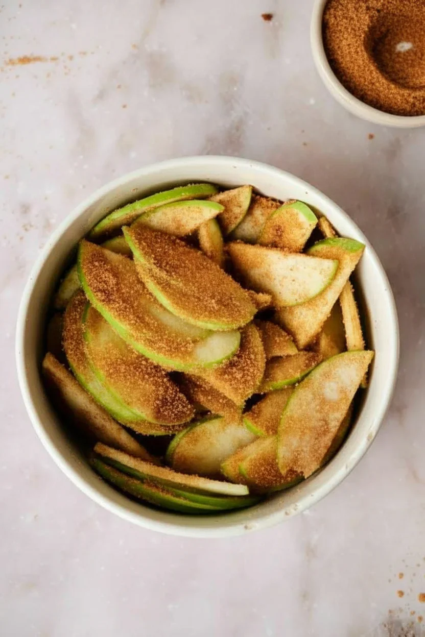Bowl of sliced apples coated with cinnamon sugar on a light marbled surface, with extra cinnamon sugar in a dish nearby.