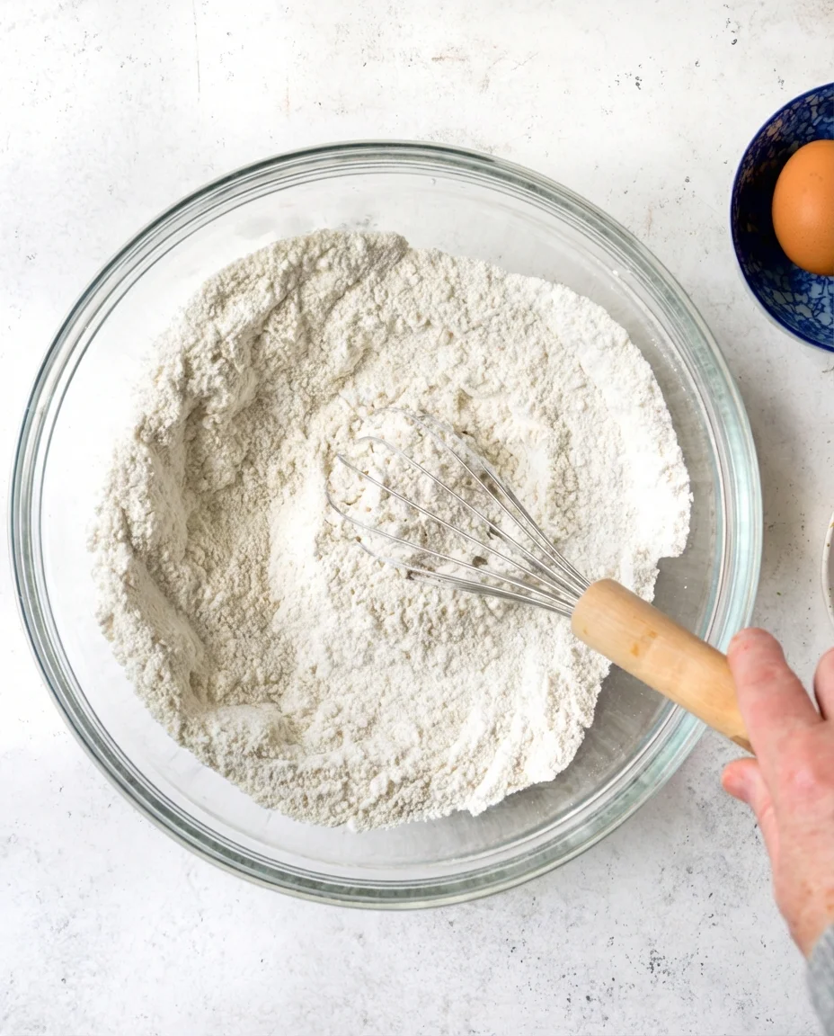 Top-down view of a glass mixing bowl with flour and a whisk beside a blue egg bowl.