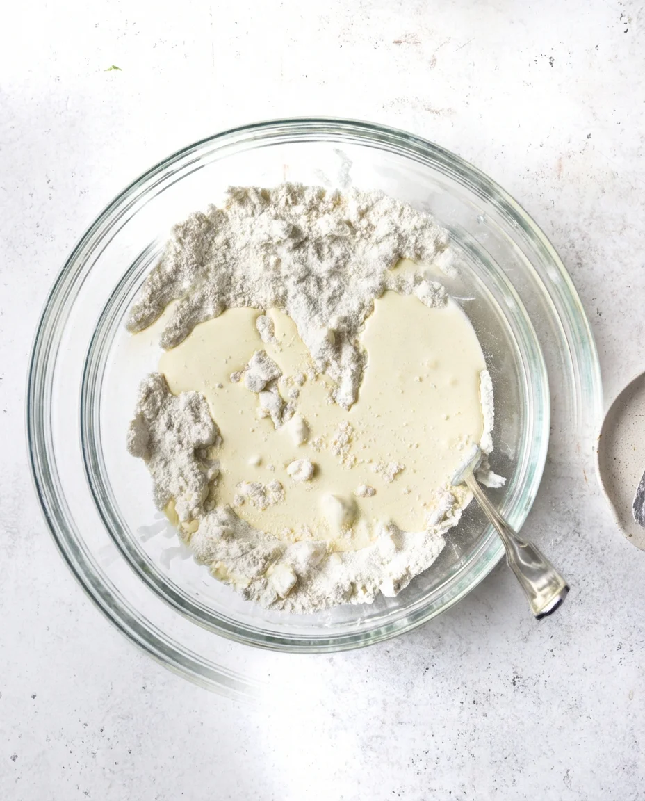glass mixing bowl containing flour around pale batter, with a metal spoon resting in the mixture