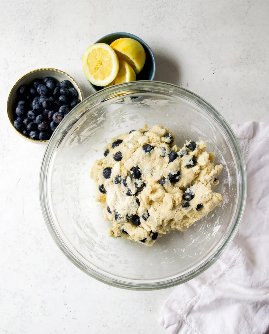Top-down view of blueberry dough in a glass bowl with lemons and blueberries nearby.