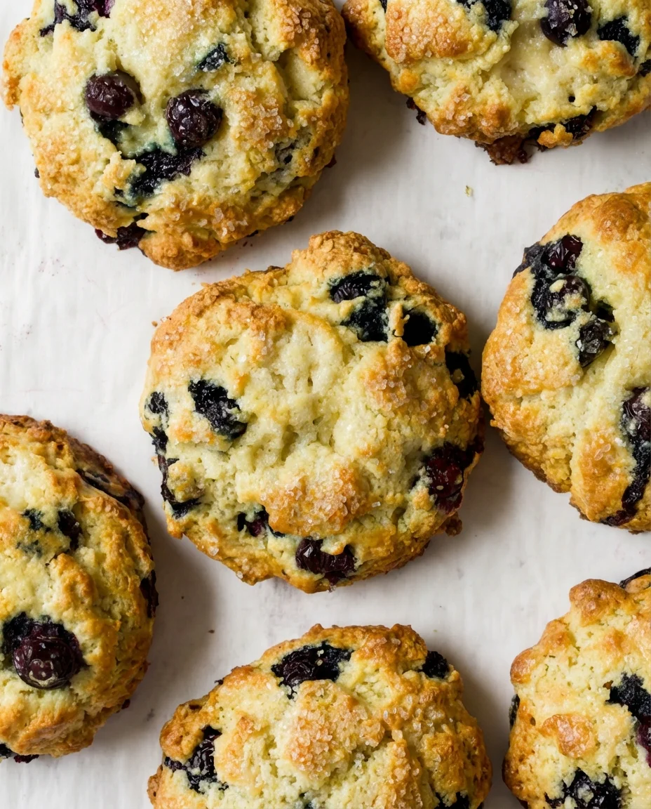 Golden blueberry muffins with sugar crystals arranged on white parchment.