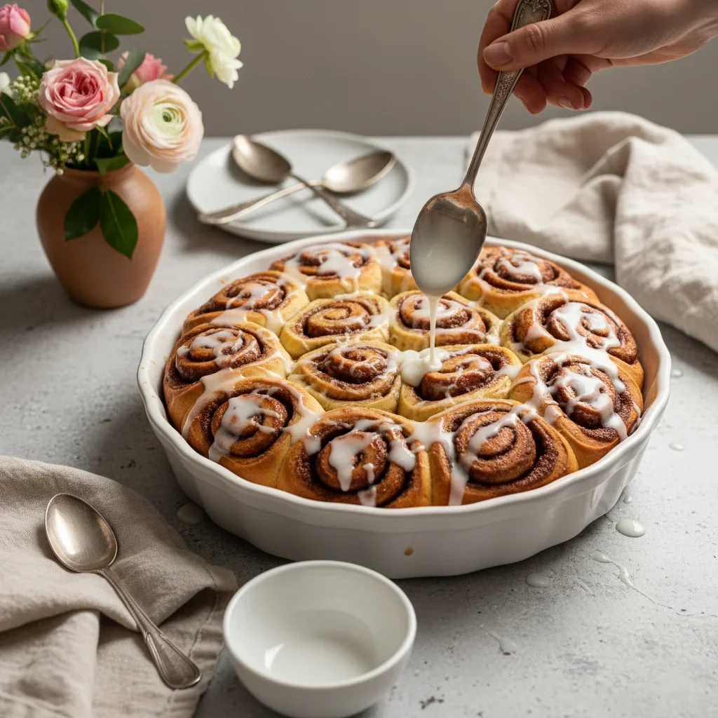 A cinnamon roll cake topped with icing, being glazed with a spoon on a light table, with flowers and utensils nearby.