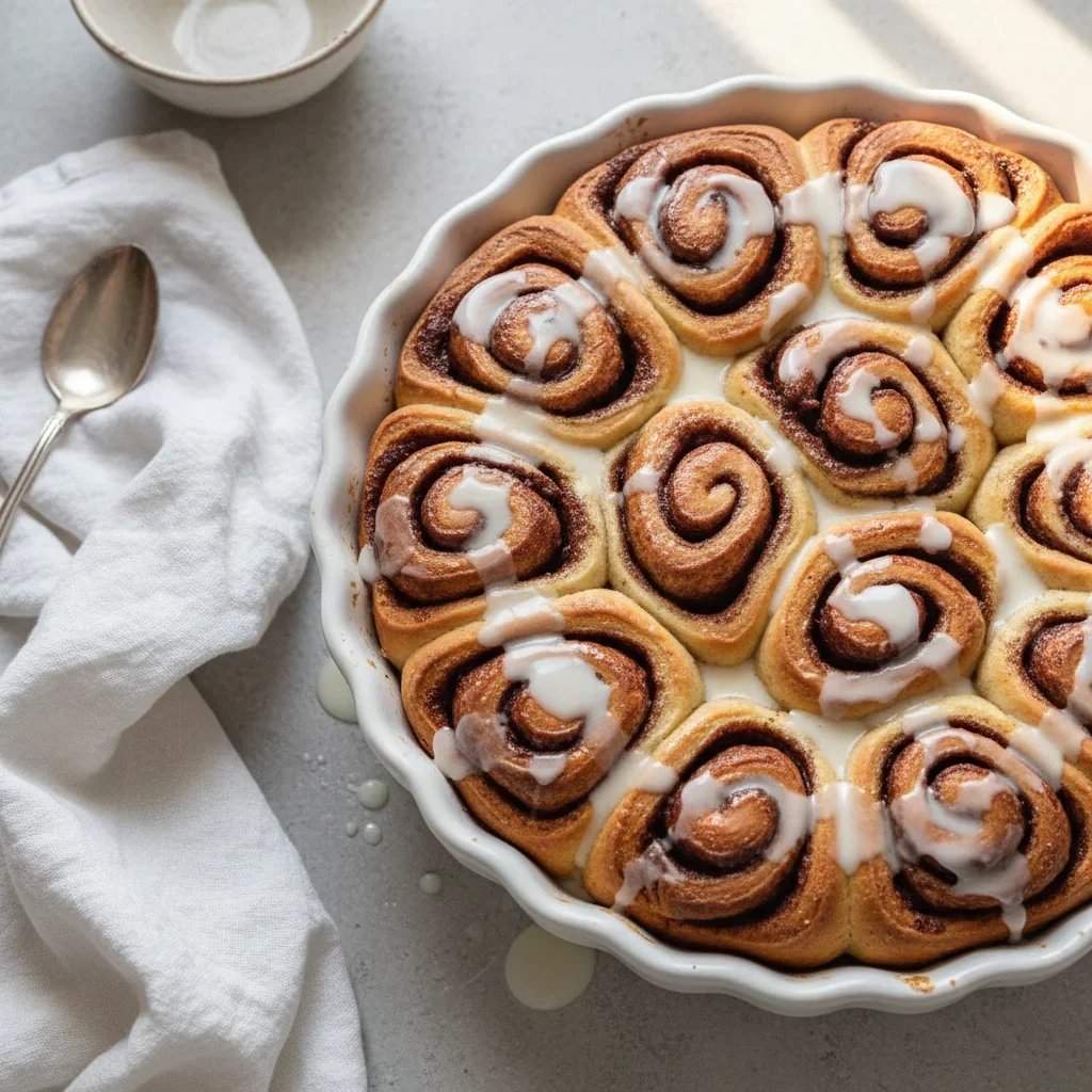 Top-down view of a cinnamon roll pie with glazed, golden-brown cinnamon rolls in a white dish.