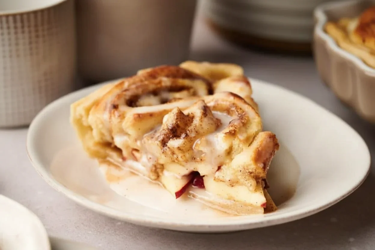 A slice of cinnamon roll with icing on a white oval plate, showing swirls of cinnamon and sugar.