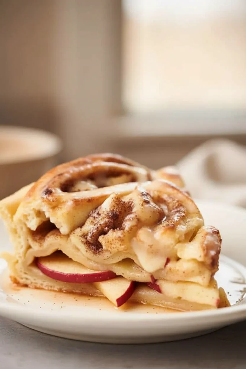 A slice of cinnamon roll pie with spiral layers, cinnamon filling, and icing on a white plate.