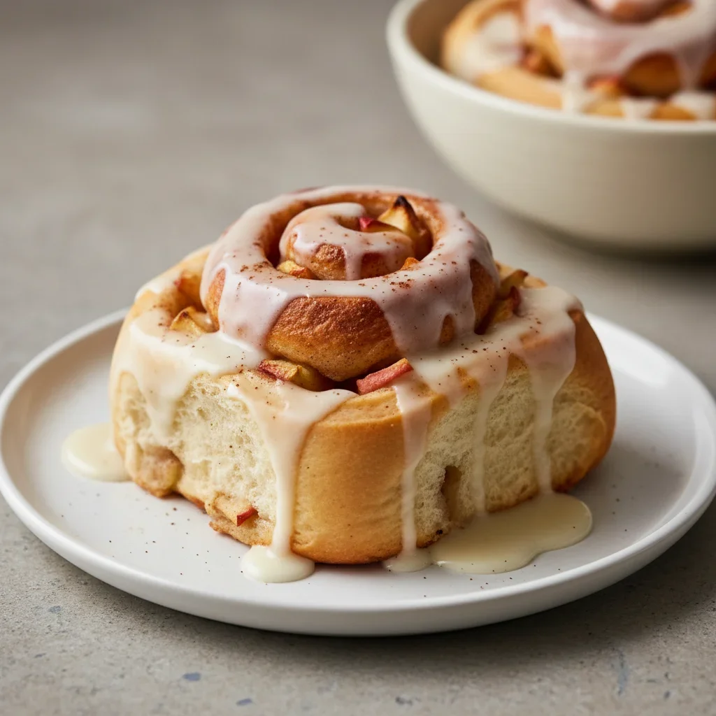 Close-up of an apple cinnamon roll with icing on a white plate, with apple pieces visible inside.