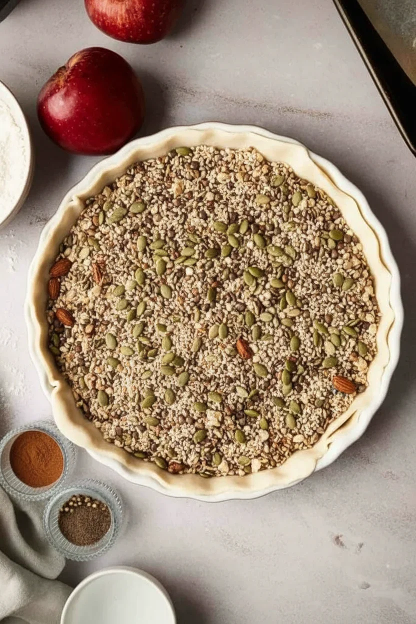 Uncooked pie filled with mixed nuts and seeds in a white ceramic dish, surrounded by apples and spices.