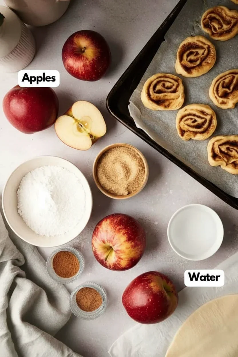 Flat lay of cinnamon roll ingredients including apples, sugars, cinnamon, water, and baked cinnamon rolls.