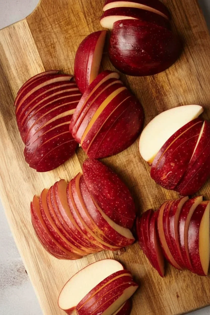 Sliced red apples with shiny skin arranged on a wooden cutting board, showing flesh and skin details.