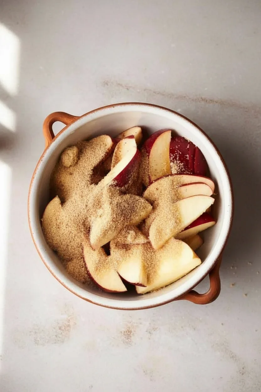 Slices of red apples sprinkled with cinnamon in a ceramic bowl on a neutral surface.