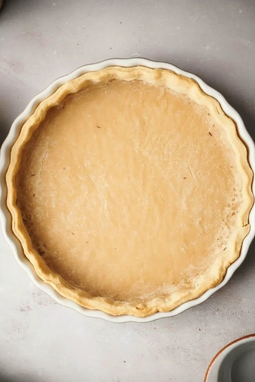 Unbaked pie crust in a white ceramic pie dish with fluted edges, ready for baking.