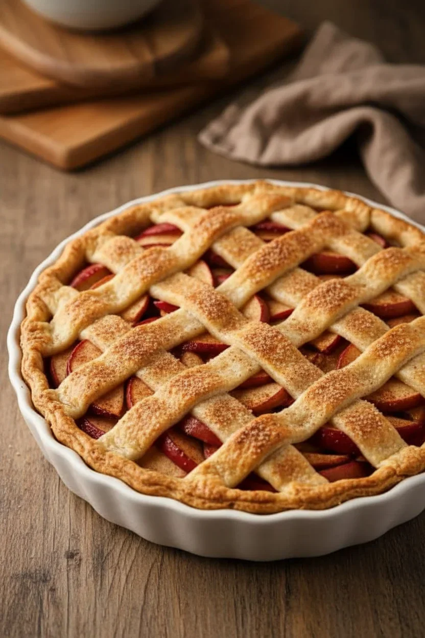 Fresh apple pie with cinnamon-sugar topping and sliced red apples in a white ceramic dish.