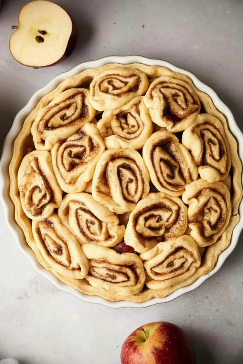 Baked cinnamon rolls with cinnamon swirls in a white ceramic dish, with an apple half and a whole apple outside the dish.