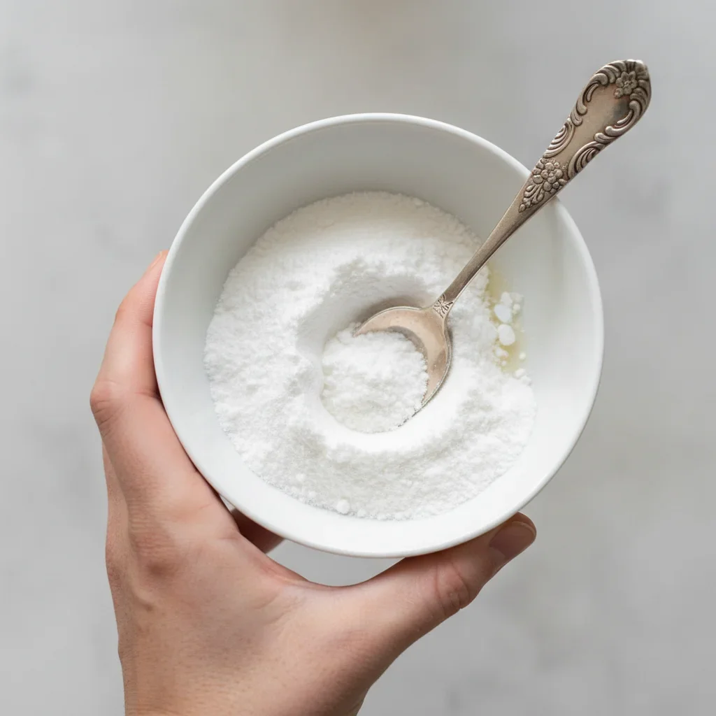 Hand holding a bowl with white powder and a silver spoon inside.