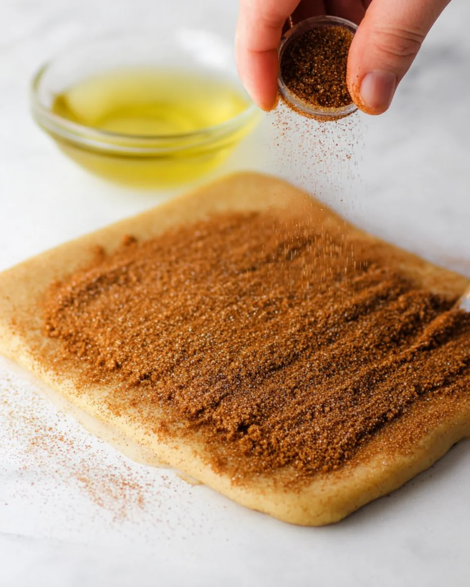 Cinnamon sugar being sprinkled over cookie dough