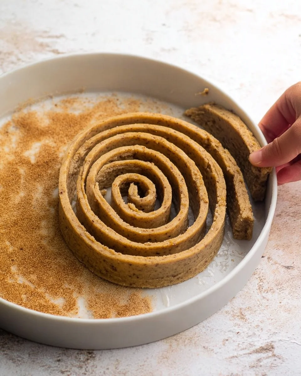 Strips of cookie dough being added to the spiral