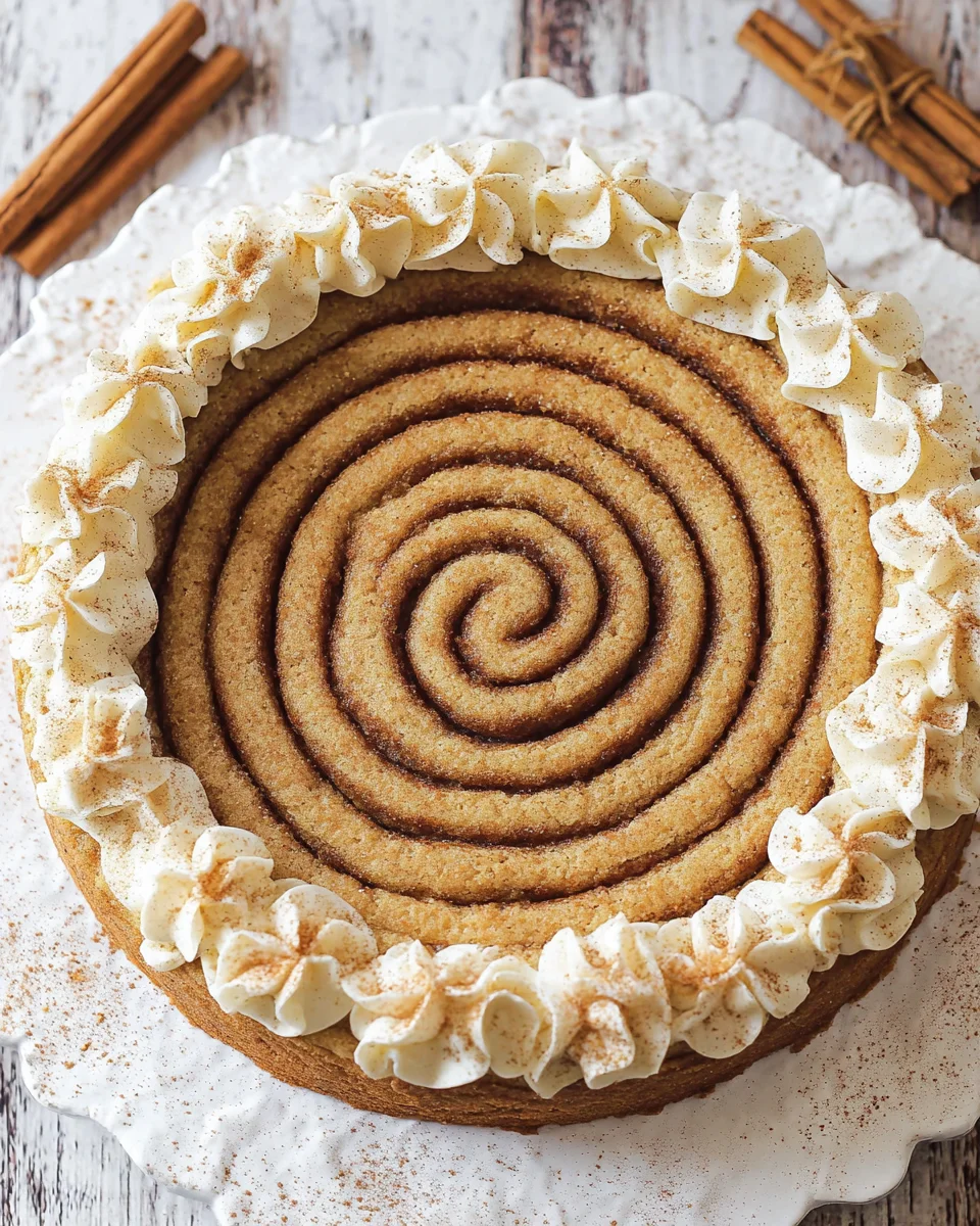 Overhead view of a cinnamon roll cookie cake