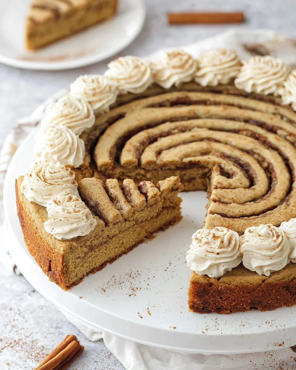 A cinnamon roll cookie cake with a slice missing