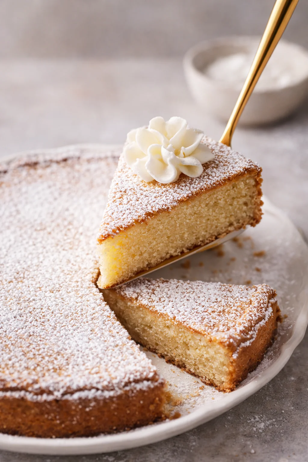 A slice of cake with powdered sugar and white flower decoration, served with a golden knife, on a neutral surface.