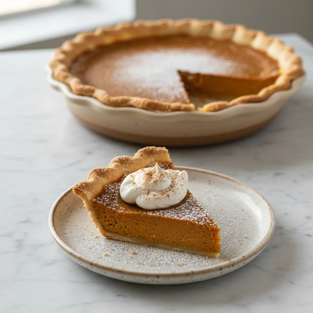 A slice of pumpkin pie with whipped cream and cinnamon on a beige plate, with a whole pie in the background.