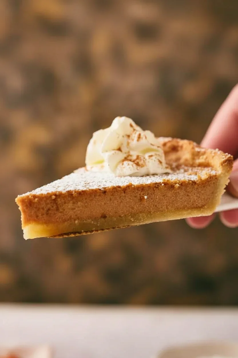 Close-up of a pumpkin pie slice with whipped cream and cinnamon, held in a person's hand against a warm background.