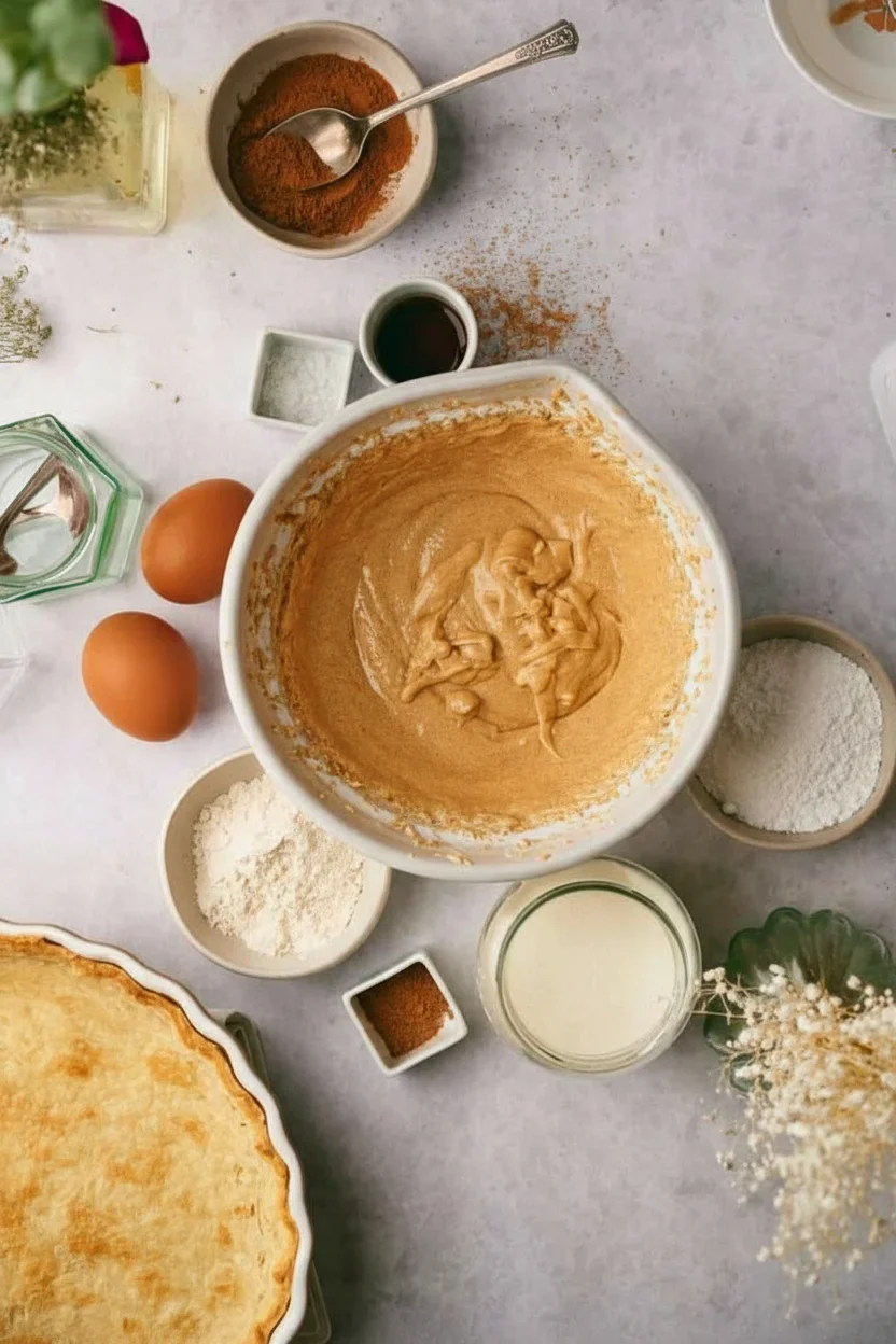 Ingredients including eggs, flour, spices, and liquids arranged for baking on a light countertop.
