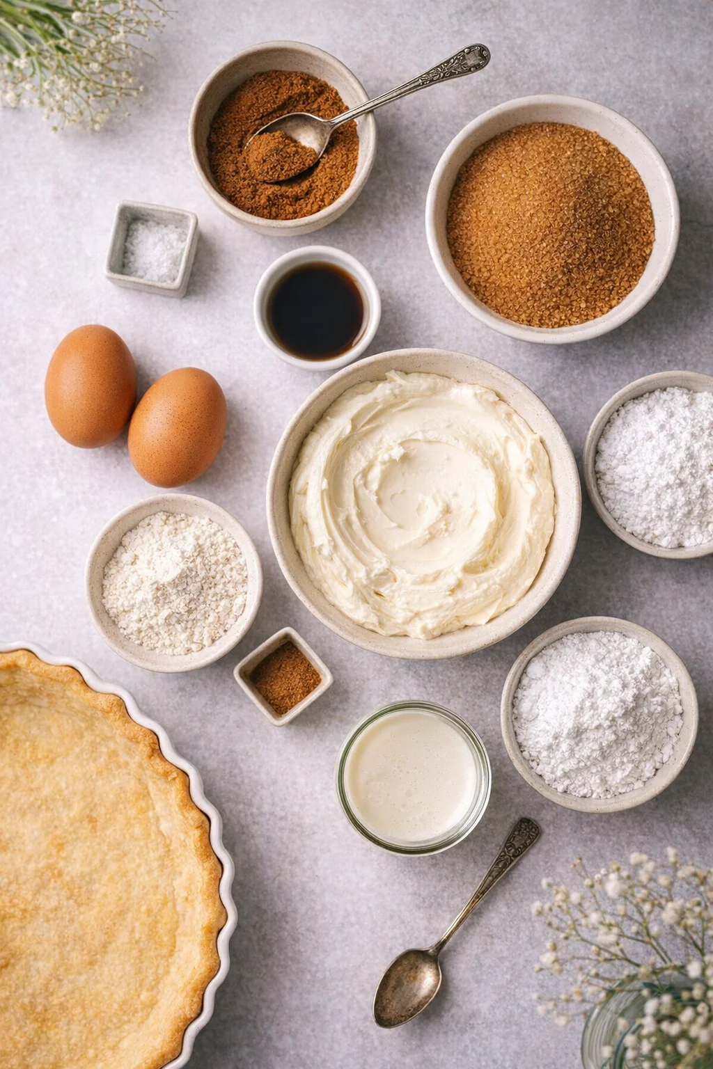Arrangement of baking ingredients including eggs, flour, spices, and dairy items on a light surface.
