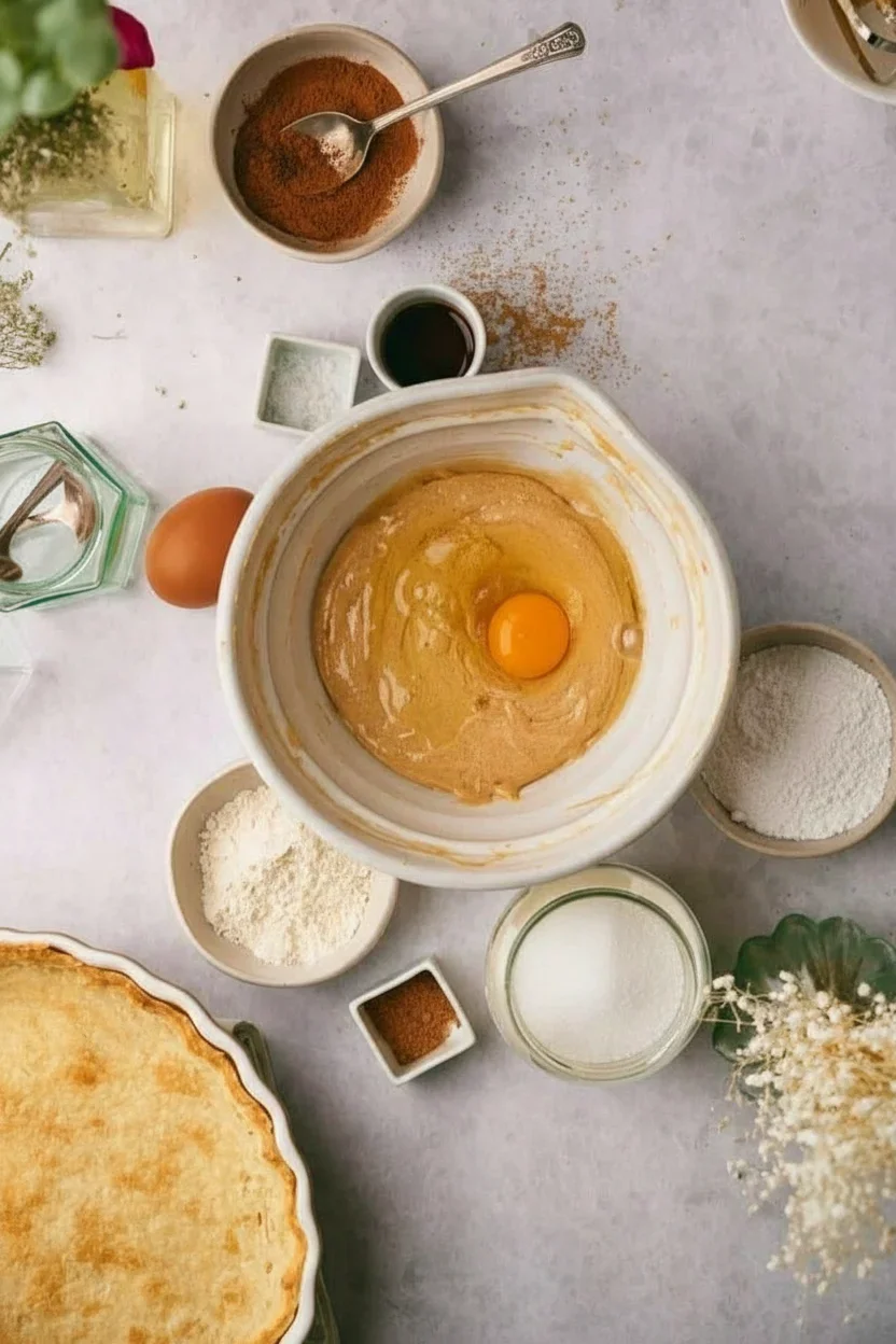 Top view of mixing bowl with egg and ingredients ready for baking preparation.
