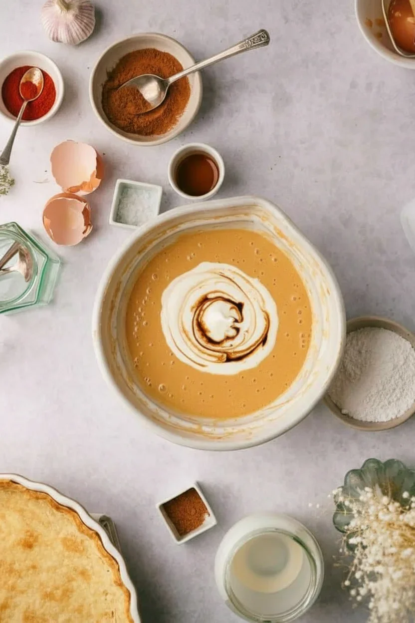 Mixing bowl with batter surrounded by ingredients, spices, eggshells, and utensils for baking.