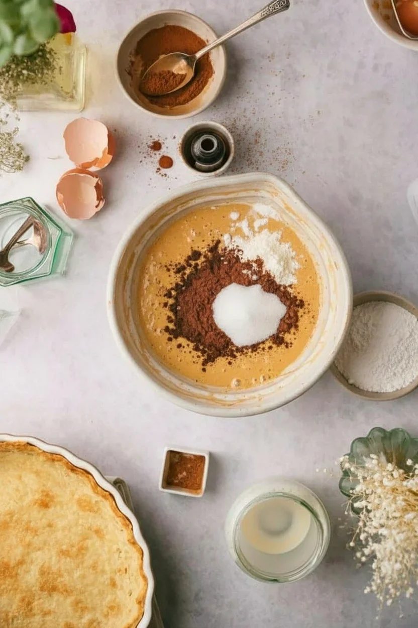 Baking ingredients and tools arranged for a recipe, including batter, eggshells, sugar, vanilla, and cocoa powder.