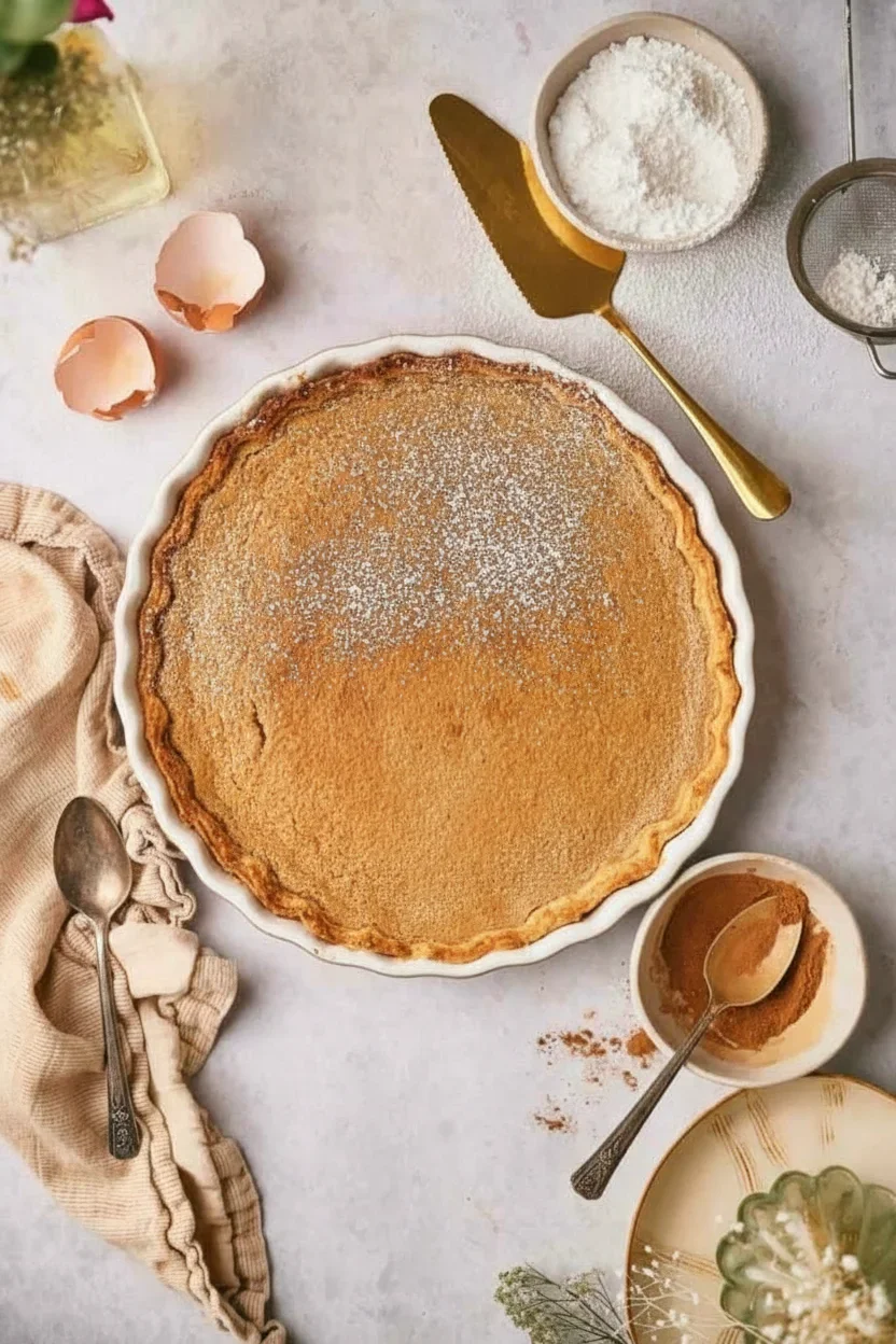 A golden pumpkin pie dusted with powdered sugar, in a white dish, surrounded by baking ingredients and utensils.