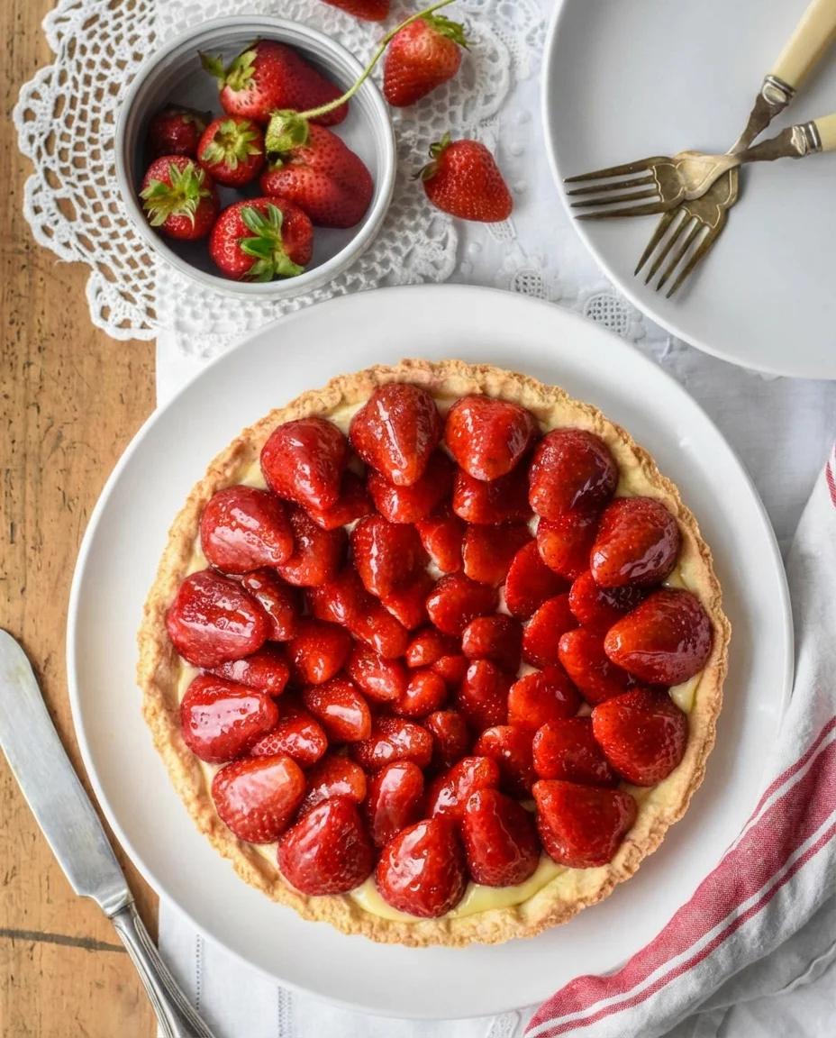 Classic-French-Strawberry-Tart-21.jpg Strawberry tart with glossy berries arranged on a golden crust on a white plate.